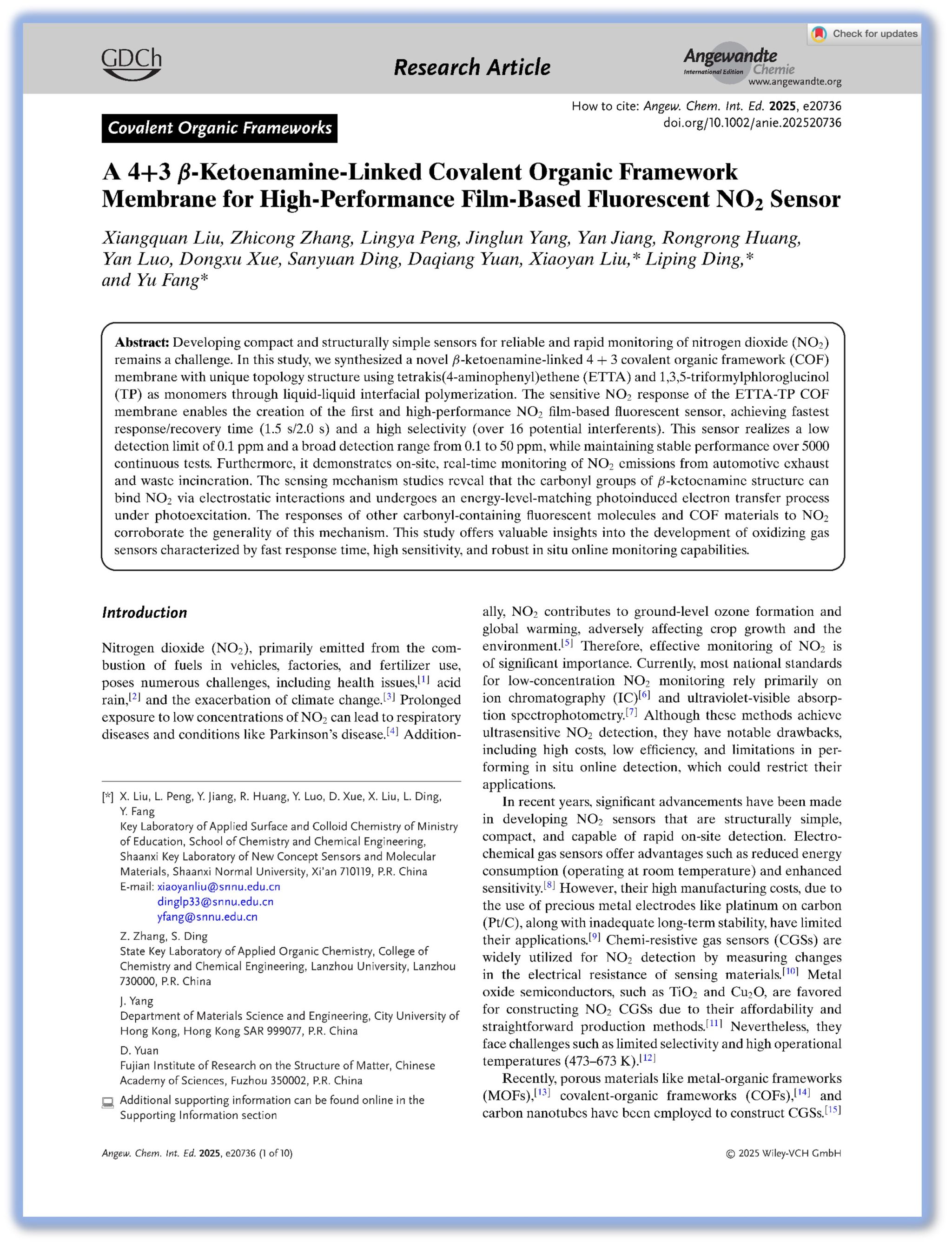 A 4+3 β-Ketoenamine-Linked Covalent Organic Framework Membrane for High-Performance Film-Based F...