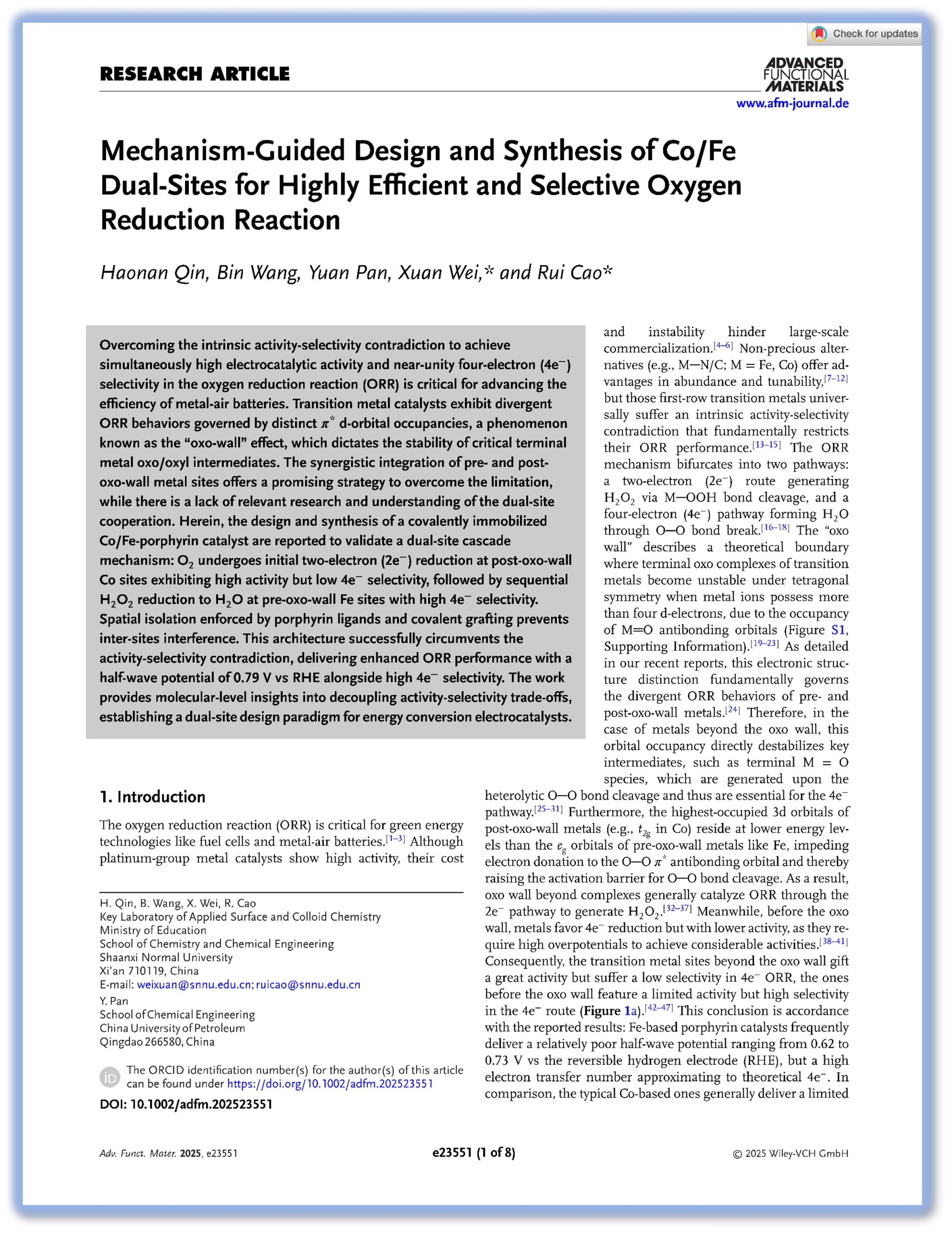 Mechanism-Guided Design and Synthesis of Co/Fe Dual-Sites for Highly Efficient and Selective Oxyg...